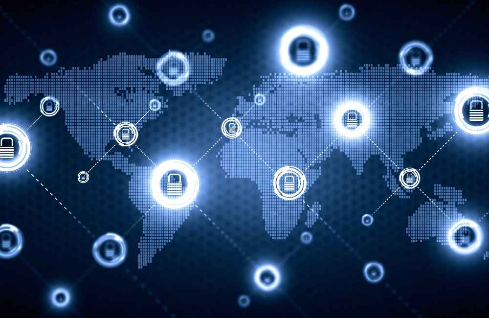 cyber security locks over digital world map in dark blue