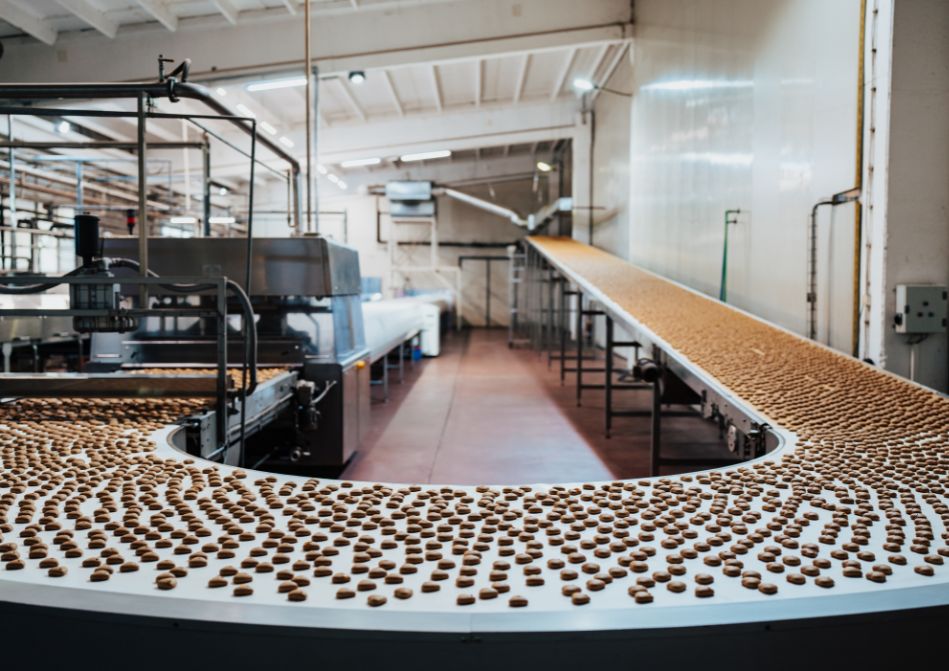 chocolates on u-shaped conveyor belt in manufacturing facility